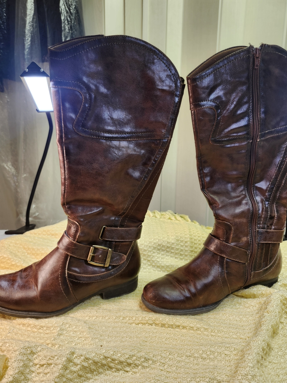 Bear Traps Women's Brown Leather Mid-Calf Buckle Heeled Boots